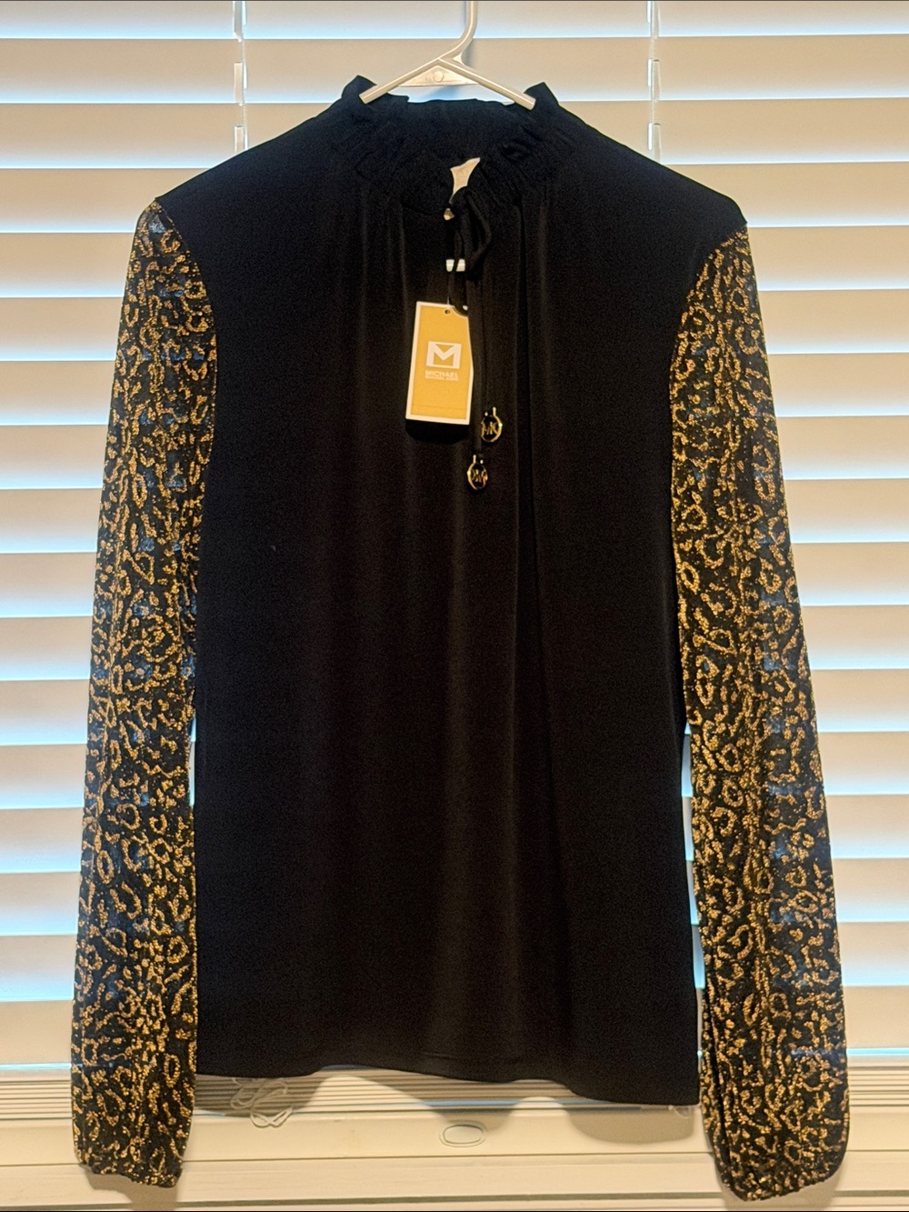 Michael Kors Black Blouse with Gold Leopard-Print Sleeves